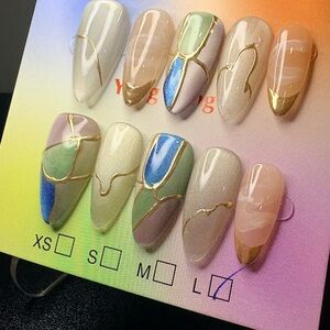 Neutral & Pastel Abstract Press-On Nail Set with Gold Accents